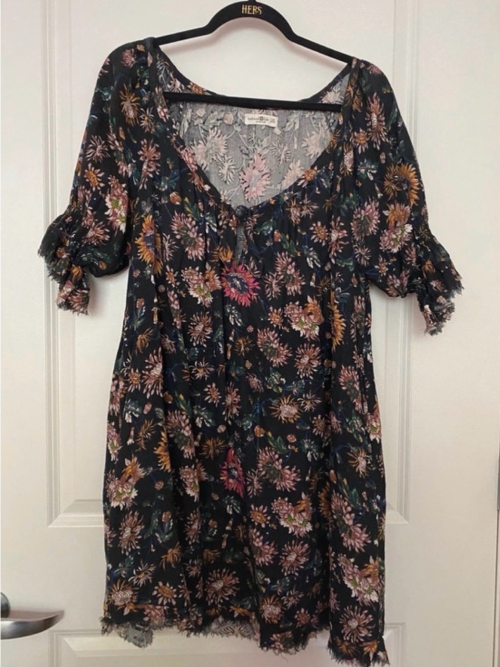 NATURAL LIFE Black Floral V-Neck Mini Dress with Pink & Gold Flowers
